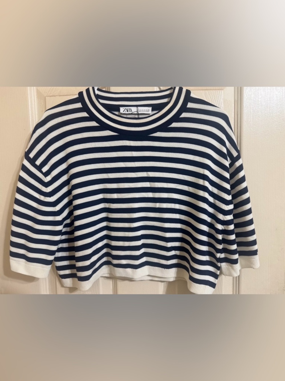 Zara Navy & White Striped Cropped Knit Sweater